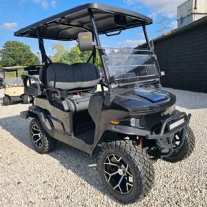 The Denago EV Nomad XL is a 4-passenger lifted lithium golf cart